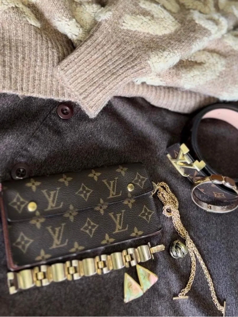 Louis Vuitton Monogram Canvas Accordion Clutch in Brown with Gold Accents